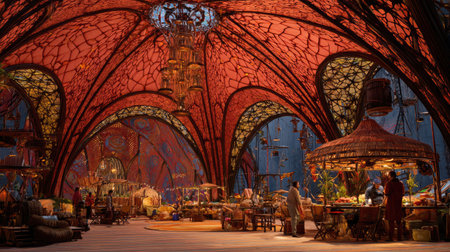 Vibrant and imaginative marketplace scene featuring intricate architecture with vibrant colors and whimsical decor, inviting creativity and wonder.の素材