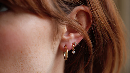 This close-up image showcases elegant jewelry featuring gold hoop earrings and sparkling diamond studs. The intricate details and style highlight modern fashion trends.の素材