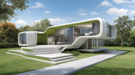 This image showcases a stunning modern house featuring unique curves and green accents, set against a picturesque garden landscape. The innovative design beautifully integrates nature and contemporary architecture.の素材