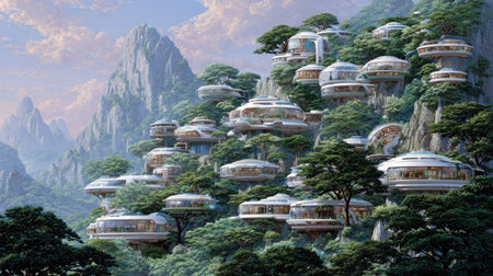 This stunning image features futuristic architecture, where eco-friendly houses are beautifully integrated into lush green mountains, creating a peaceful and harmonious landscape.の素材