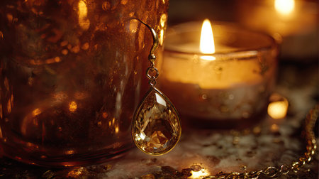 This captivating image showcases elegant golden earrings beside flickering candles, creating a warm ambiance illuminated by autumn hues. Perfect for jewelry lovers.の素材