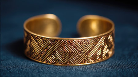 This close-up image features an exquisite golden cuff bracelet adorned with intricate patterns, set against a dark fabric backdrop. Ideal for jewelry enthusiasts.の素材