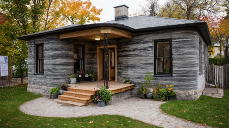 This image showcases a unique modern home featuring sustainable design, surrounded by vibrant autumn leaves. The inviting front porch adds charm.の素材