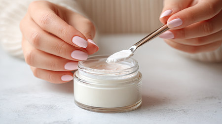 A close-up image displays a pair of hands applying cream from a small jar using a spoon. The soft background enhances the serene beauty and skincare routine theme, reflecting a moment of self-care.の素材