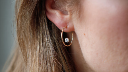 A stunning close-up portrait of a woman's ear adorned with a simple yet elegant gold hoop earring featuring a sparkling gem.の素材