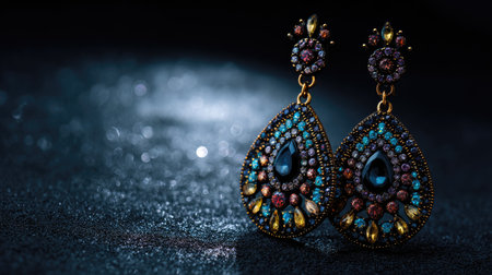 Stunning image of elegant teardrop earrings featuring vibrant gemstones and intricate designs, set against a dark shimmering background, perfect for showcasing luxury accessories.の素材
