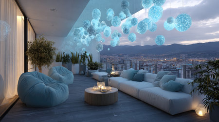 This image showcases a stylish modern balcony featuring soft cushions and glowing decorative orbs. The serene city view complements the tranquil atmosphere, creating a perfect spot for relaxation.の素材