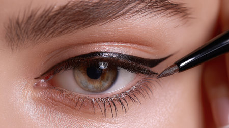A striking close-up of a woman's eye as she applies bold eyeliner using a fine brush, showcasing the artistry and precision of makeup application.の素材
