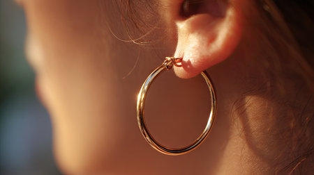 A beautiful close-up of a gold hoop earring adorns a woman's ear, capturing the subtle elegance of jewelry against a soft sunset background.の素材