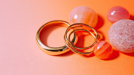 Beautiful arrangement of elegant gold rings and colorful stones on a soft orange background, ideal for jewelry displays and fashion inspiration.の素材