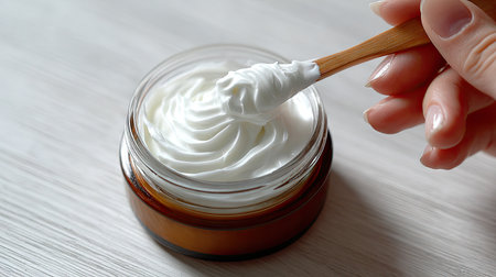 A close-up image of a luxurious cream in a jar with a wooden spatula, showcasing a hand applying the product. Perfect for skincare and beauty themes.の素材