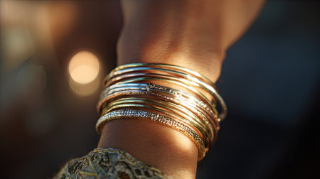 A stunning close-up of a hand adorned with multiple golden bangles and bracelets, radiating elegance and luxury in warm, soft natural light.の素材