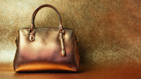 This stunning metallic handbag displays a rich golden hue, perfect for fashion enthusiasts seeking elegance and style. Ideal for hip boutiques and upscale retailers.の素材