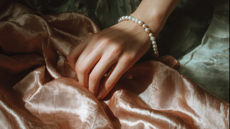 A close-up shot of a delicate hand wearing an elegant pearl bracelet, resting gracefully on soft satin fabric, capturing a moment of beauty and luxury.の素材