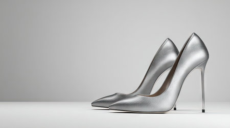 Stunning silver high heels featuring a sleek design and glossy finish, perfect for showcasing luxury in fashion advertising or editorial layouts.の素材
