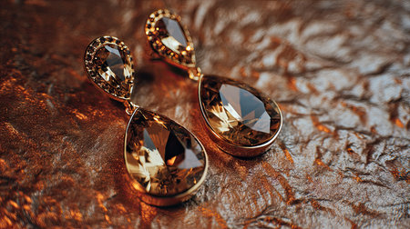 This stunning image features elegant teardrop earrings with golden accents and intricate gemstone detailing, showcasing luxury and sophistication.の素材