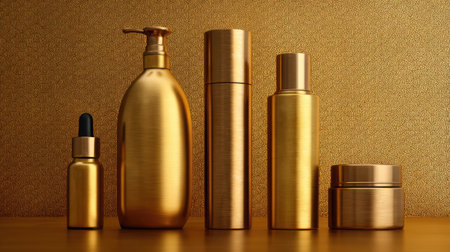 A collection of gold-toned cosmetic bottles and containers set against a shimmering golden backdrop, showcasing elegance and luxury in beauty promotion.の素材