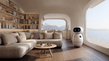 A modern living room features a sleek robotic assistant beside a cozy sofa, with expansive windows offering stunning seaside views that promote tranquility and innovation.の素材