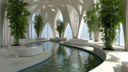This stunning spa interior features innovative architecture, a flowing water design, and lush greenery, creating a peaceful ambiance for relaxation and rejuvenation.の素材