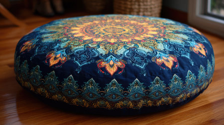 This vibrant floor cushion features an intricate mandala pattern in blue and warm colors, perfect for adding a touch of bohemian charm to your space.の素材