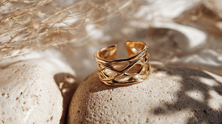 A stunning golden ring rests on smooth stones, beautifully highlighting its intricate design and craftsmanship. Natural elements enhance the composition.の素材