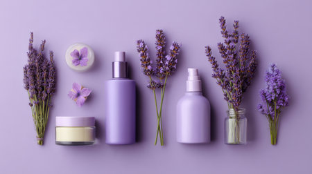 A serene arrangement of lavender beauty products set against a soft purple background. The collection features jars, bottles, and fresh lavender flowers, creating a peaceful, aesthetic vibe ideal for wellness and skincare themes.の素材