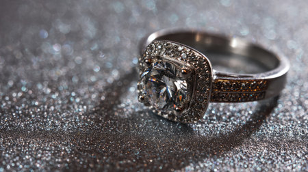 A stunning diamond ring captured in a close-up view, highlighting its intricate design and sparkling gems against a shimmering background, perfect for luxury themes.の素材