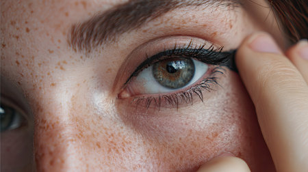 A striking close-up image showcasing a person applying eyeliner with a focus on their vivid eye and distinct freckles, symbolizing beauty and confidence.の素材