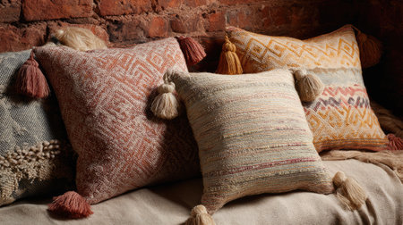 This image features a collection of beautifully crafted decorative pillows with tassels, set against a warm brick wall. Ideal for home decor inspiration.の素材