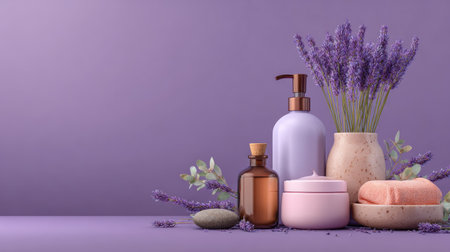 This image features a stylish arrangement of beauty products in various containers, paired with fresh lavender and smooth stones, creating a serene atmosphere.の素材