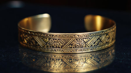 This elegant vintage gold bracelet showcases exquisite craftsmanship with intricate patterns. The polished surface reflects a beautiful shine, making it a perfect accessory for any outfit.の素材