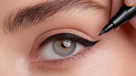 This stunning close-up image captures the art of eye makeup application, highlighting a precise eyeliner technique that enhances natural beauty.の素材