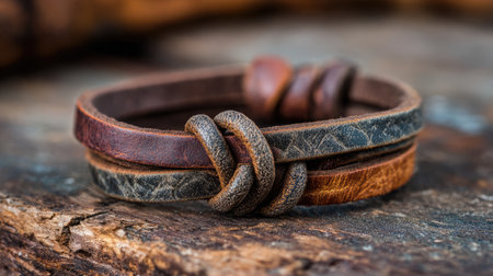 This close-up image showcases handmade leather bracelets in earthy tones adorned with stylish knots, resting on a rustic wooden surface, perfect for fashion enthusiasts.の素材