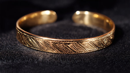 A beautiful gold bangle featuring intricate patterns, perfect for jewelry enthusiasts seeking unique accessories that highlight fine craftsmanship and style.の素材