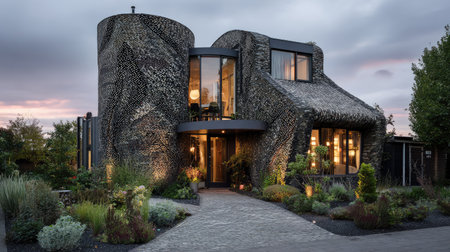 This striking modern home showcases a unique and textured exterior, surrounded by lush landscaping. Captured at twilight, the warm ambiance enhances its creative design.の素材