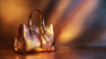 A beautifully designed gold metallic handbag stands out against a soft, colorful background, capturing the essence of elegance and luxury in fashion.の素材