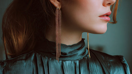 This elegant close-up showcases a woman's face adorned with long chain earrings, highlighting her stylish satin blouse and soft makeup. The image captures beauty and fashion.の素材
