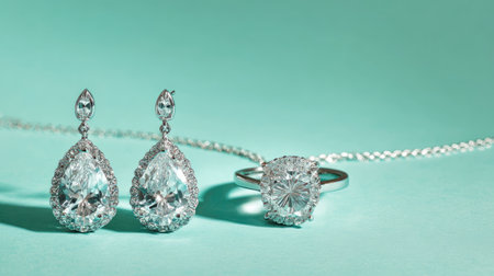 Beautifully crafted jewelry featuring teardrop earrings and a stunning ring set against a turquoise background, radiating elegance and style.の素材