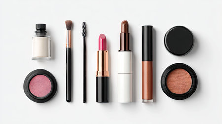 A visually appealing arrangement of various makeup products including lipsticks, blushes, and brushes on a clean white background. Perfect for beauty-related themes.の素材
