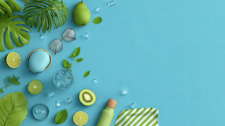 A vibrant flat lay arrangement showcasing fresh fruits, drinks, and natural elements on a blue background, perfect for summer wellness themes.の素材