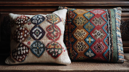 This image features two vintage decorative cushions showcasing intricate patterns and vibrant colors, placed against a rustic wooden backdrop. Ideal for interior design inspiration.の素材