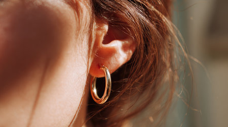 A stunning close-up image capturing a woman's ear adorned with a chic gold hoop earring. The soft sunlight creates beautiful highlights on her skin and hair, emphasizing elegance and style in contemporary fashion.の素材