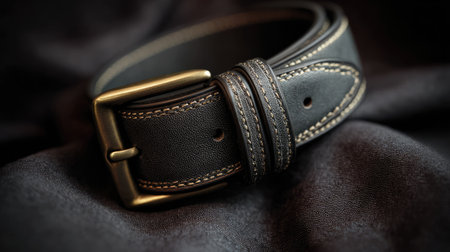 This elegant black leather belt features a polished brass buckle, showcasing fine stitching and craftsmanship against a soft black fabric background.の素材