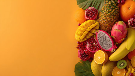 A stunning array of fresh tropical fruits including pineapple, mango, and pomegranate against a bright orange background, highlighting natural colors and textures.の素材