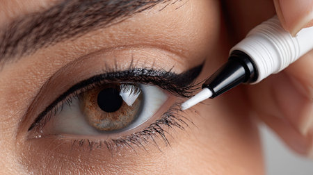 This close-up image captures a detailed view of eye makeup application, highlighting a person using a precision eyeliner pen, showcasing beauty and artistry.の素材