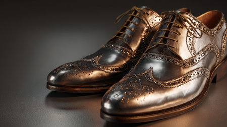 Close-up of elegant brown leather brogue shoes featuring intricate detailing and classic laces, perfect for formal and stylish occasions.の素材