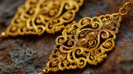 This stunning image features a pair of intricately designed golden earrings with detailed filigree craftsmanship, resting on a rustic background.の素材