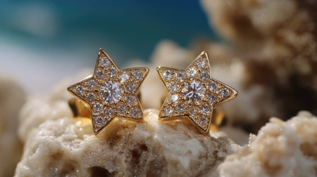 A stunning pair of star-shaped earrings crafted from gold and adorned with sparkling diamonds, set against a soft beach backdrop, evoking elegance and charm.の素材