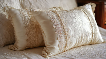 This image showcases elegant decorative pillows featuring intricate lace details, beautifully arranged on a soft bedspread, enhancing a cozy bedroom ambiance.の素材