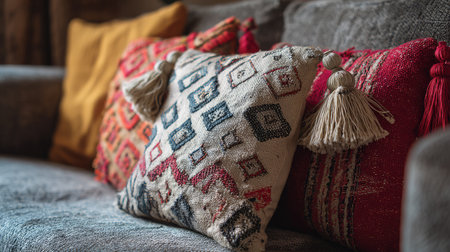 This image showcases a beautifully arranged collection of decorative cushions on a soft sofa, featuring unique patterns and vivid colors. Perfect for cozy living spaces.の素材